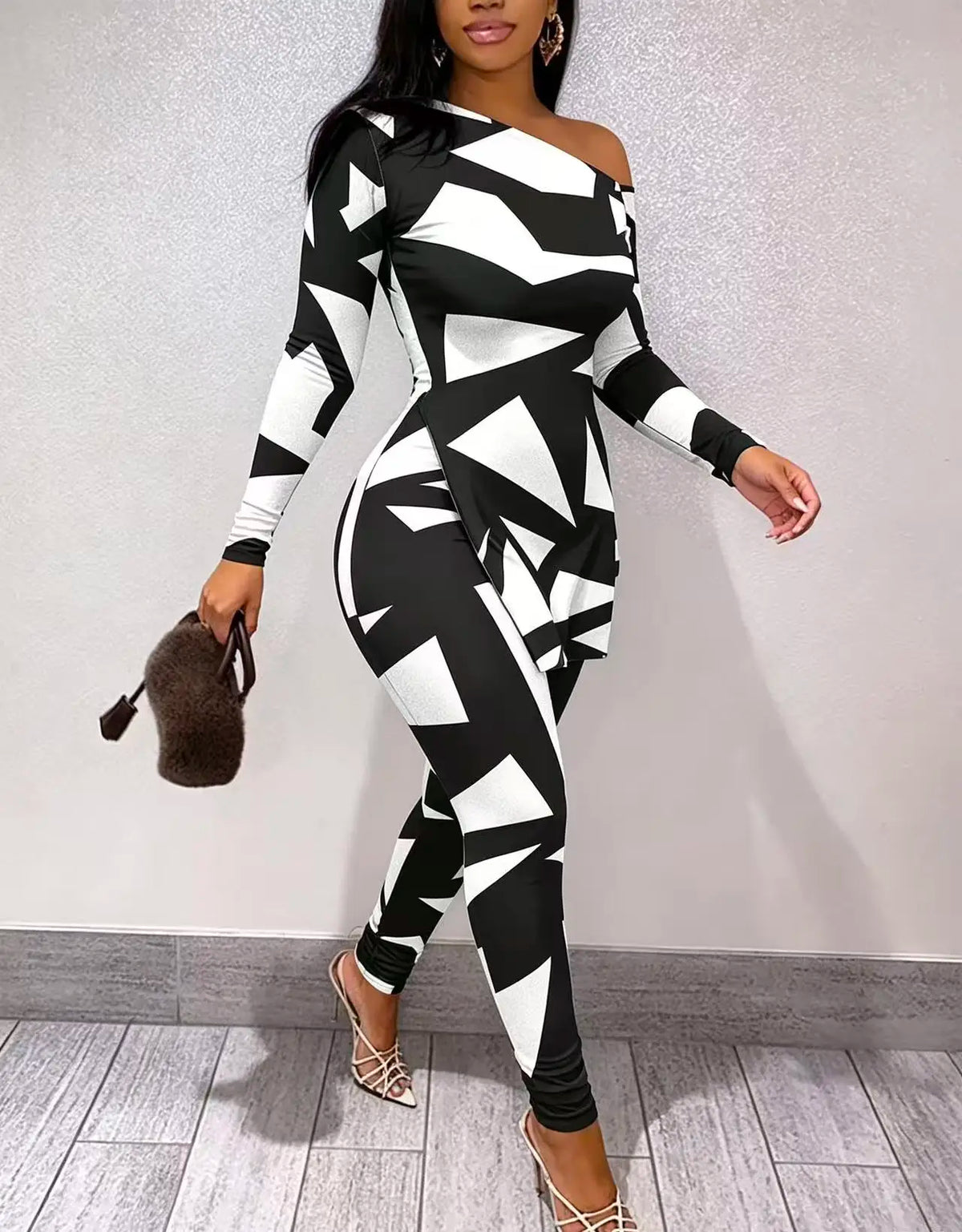 Plus size women's black and white geometric print one-shoulder two-piece set: single-shoulder slit long top   high-waisted skinny flared pants
