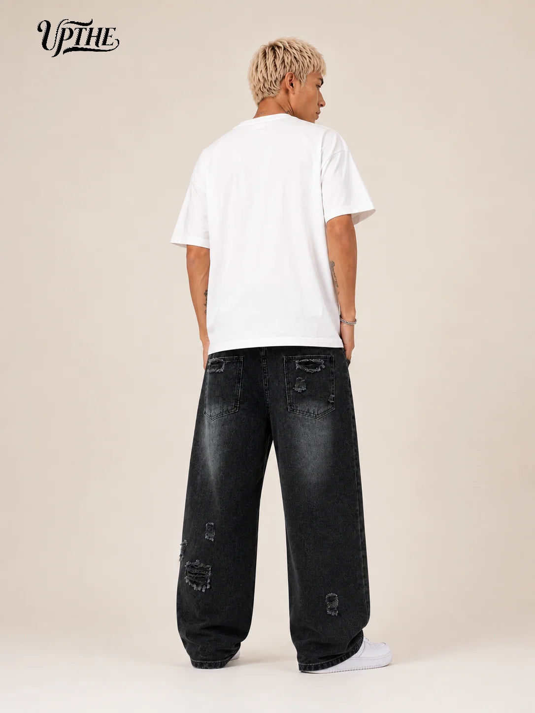 Men's Baggy Wide Leg Ripped Jeans, Y2K Distressed Jacquard Denim Pants, Loose Fit Hip Hop Streetwear Casual Denim Trousers for Men