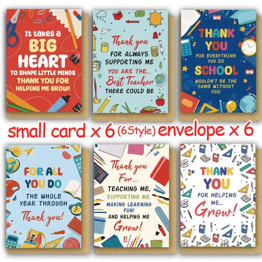 6pcs, Teacher Thank-You Cards, The Best Teacher Ever, Thank You for Helping Me Grow, Thank-You Cards for Family or Friends