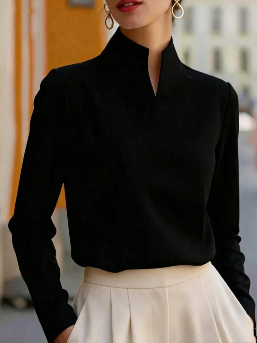 Women Split Stand Collar Long Sleeve Solid Blouse Loose Fit Elegant Formal Business Office Commuter Minimalist Top