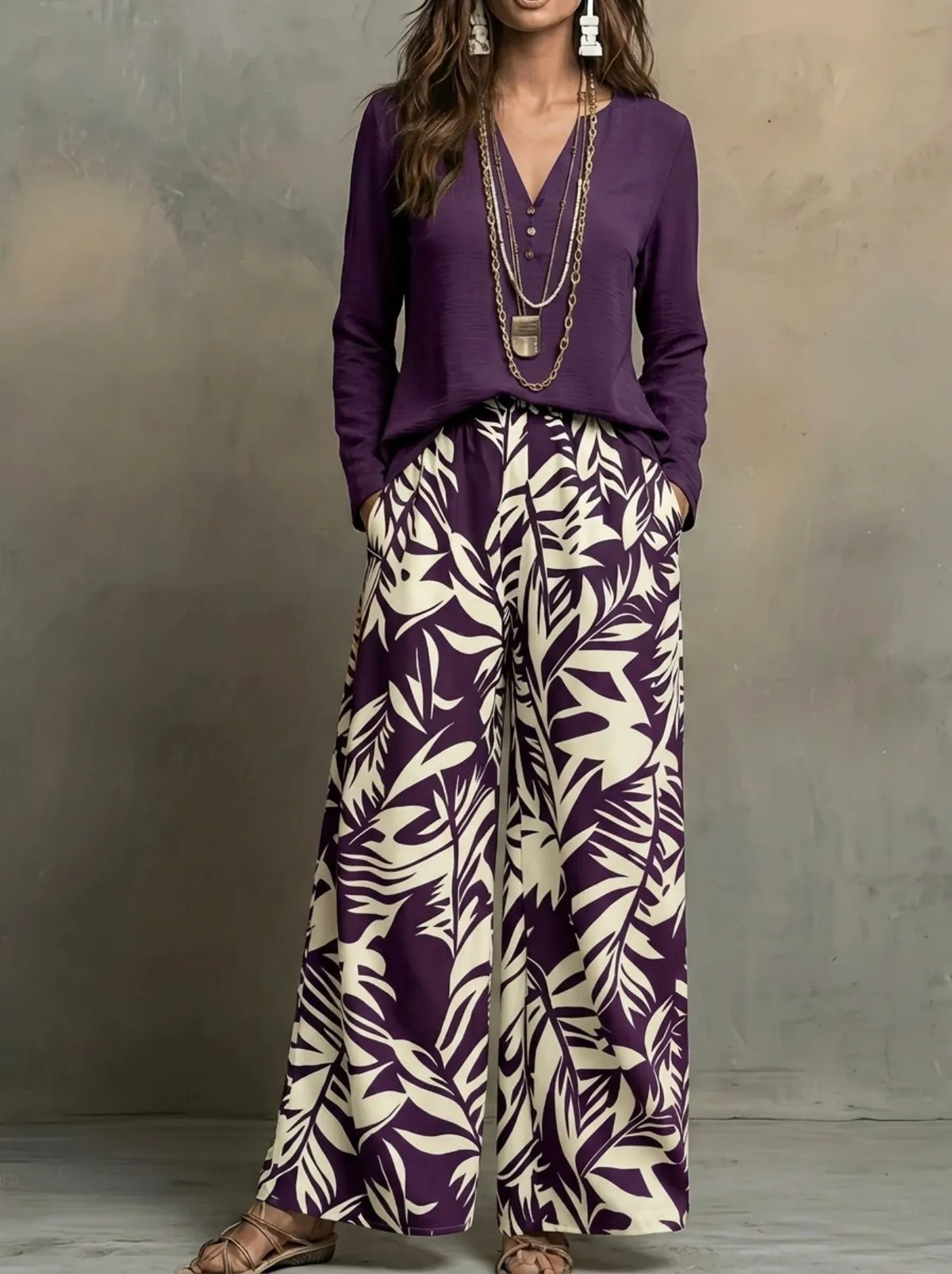 Women 2 Piece Outfit V‑Neck Long Sleeve Blouse Top Leaf Print Elastic Waist Wide Leg Pants Set Casual Loose Vacation Boho Loungewear Suit