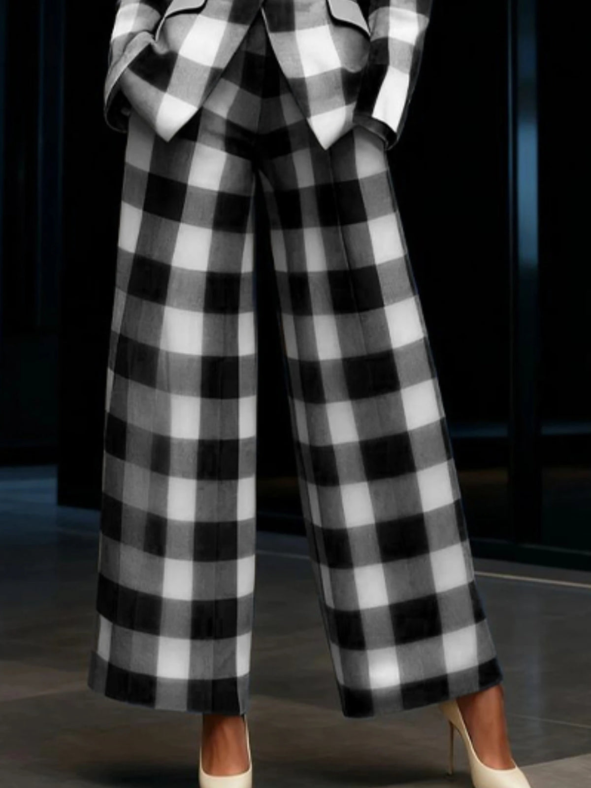 Plaid Print Lapel Single Button Blazer And High Waist Wide Leg Pants Two Piece Formal Business Matching Suit For Women Office Outfit Set