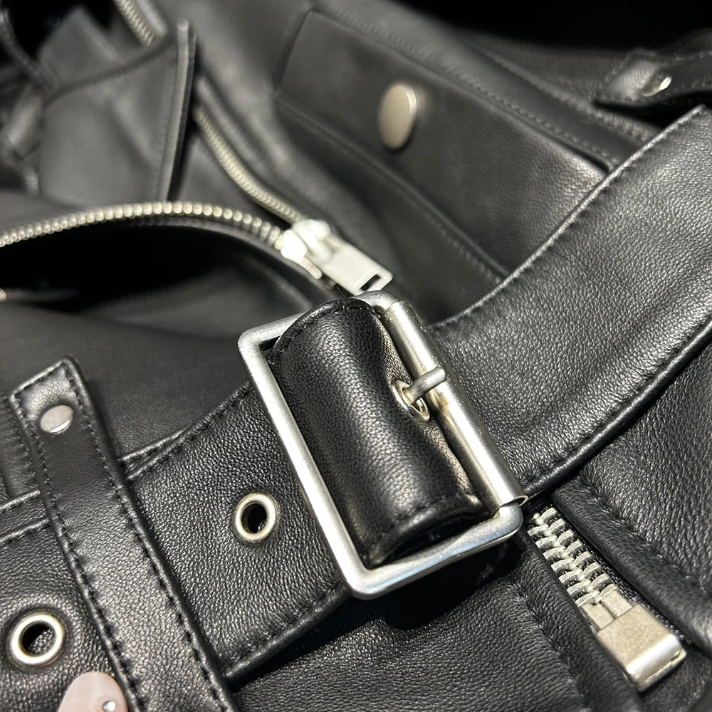 Real Leather Jacket Women Vintage Black Leather Jacket Cropped Jacket With Belt Spring