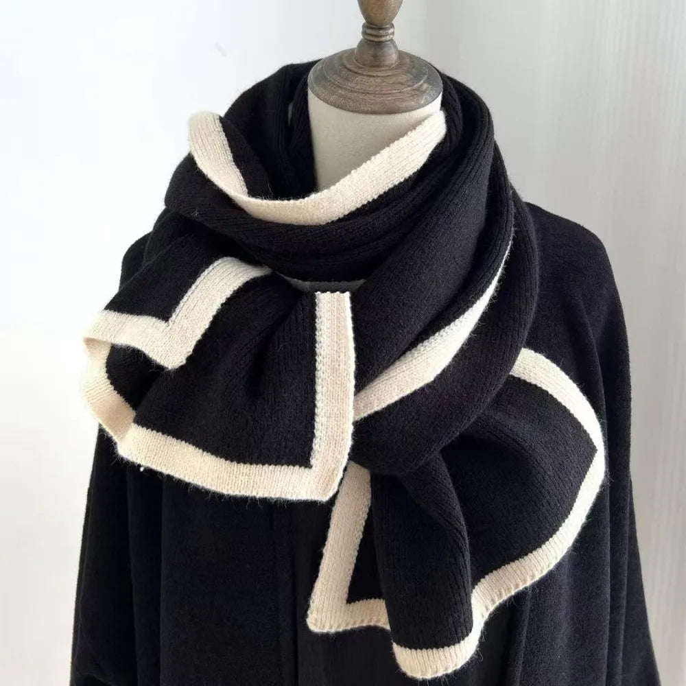 Solid Color Winter Knit Scarf Warm Soft Material Casual Style Neck Warmer Double-Sided Design Contrast Edge Double-Sided Scarf