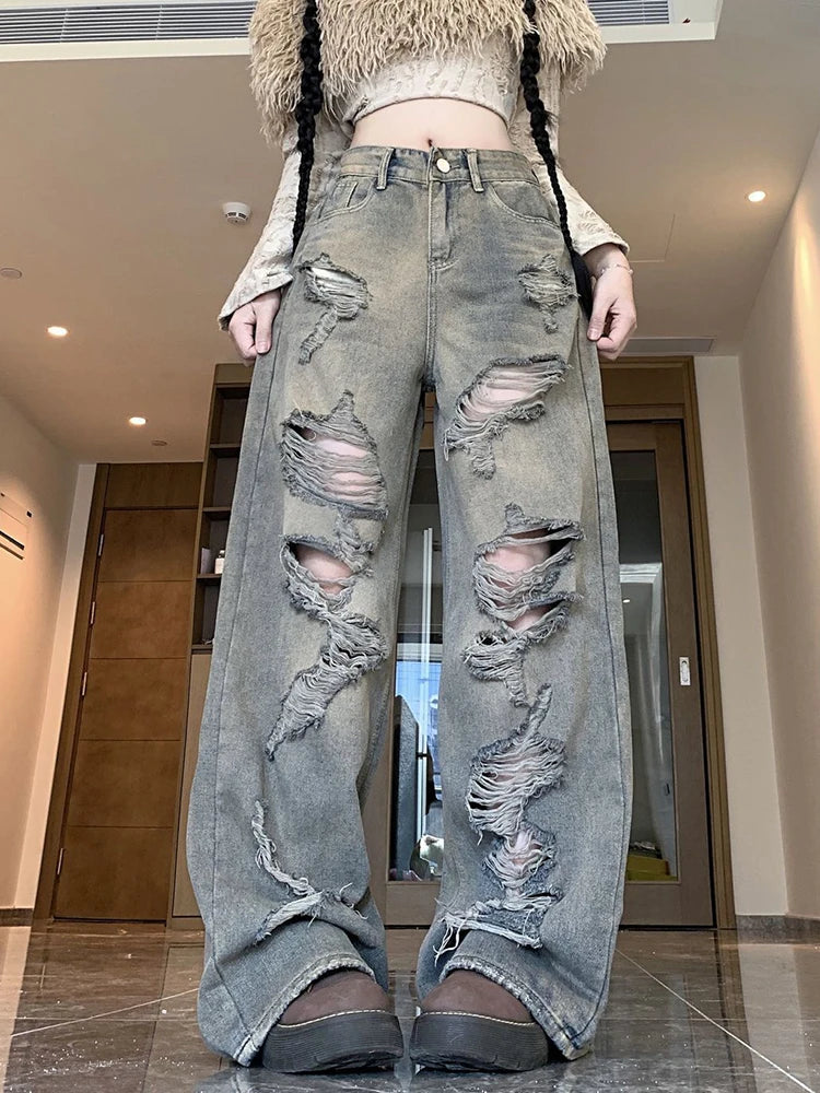 Y2K Hole Jeans Women Streetwear Vintage High Waist Loose Trousers Fall New Hip Hop Harajuku Bf Gothic Retro Wide Leg Denim Pant