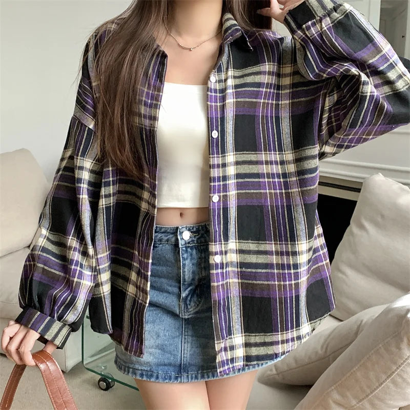 Purple Plaid Shirt Women Autumn Long Sleeve Single Breasted Blouse Top Female Teen-girl Casual Loose Button Down Check Shirts