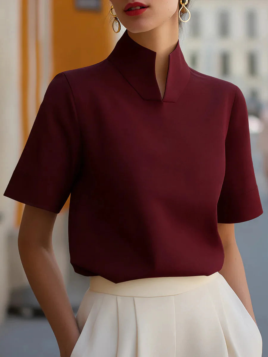 Mandarin Stand Collar Cuffed Short Sleeve Silky Crepe Blouse Women Elegant Office Commuter Shirt