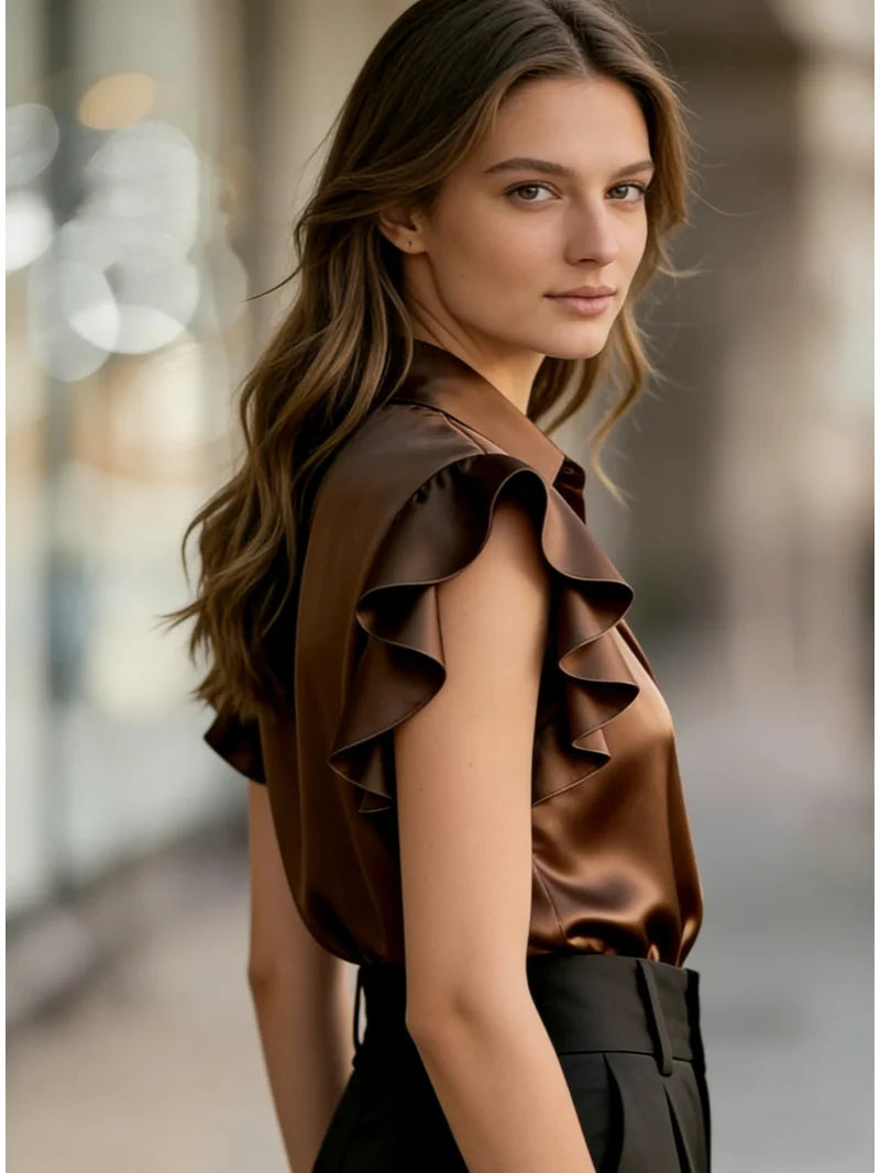 Women's Short Sleeve Ruffle Trim Satin Blouse Button Down Shirt