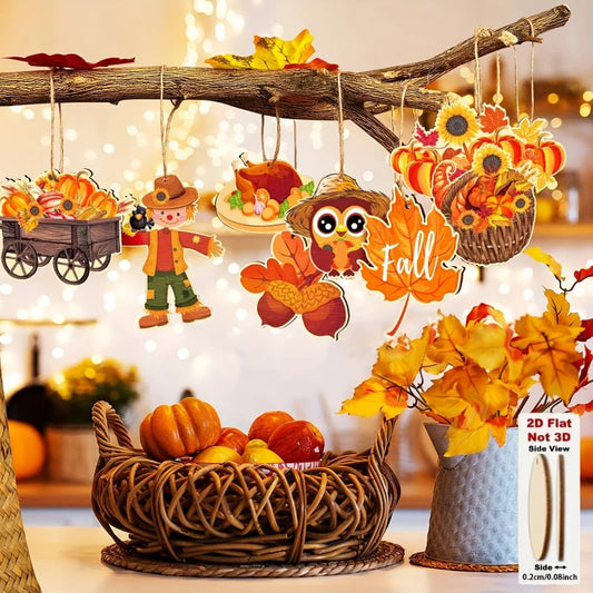 10 Random Styles of Thanksgiving Wooden Ornaments, Autumn Pumpkin and Maple Leaf Wooden Decorations, Holiday Home Wall Atmosphere Decoration Hangings