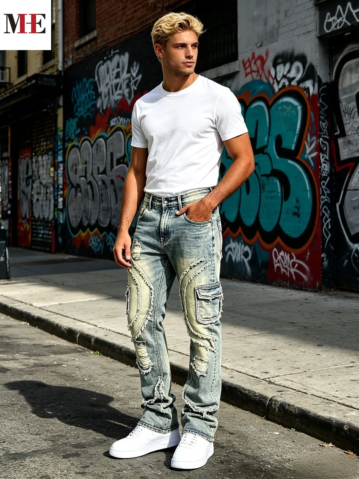 HME Men's Vintage Denim Pants, Stacked Ripped Flared Jeans with Layered Frayed Stitching