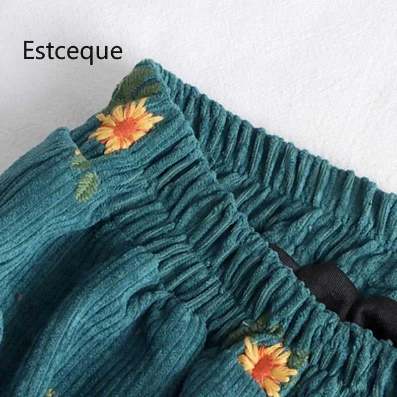Corduroy Embroidery Women's Skirts Autumn Winter New Arrival Floral Skirts Female High Waist Slimming Mid-calf Skirt for Woman
