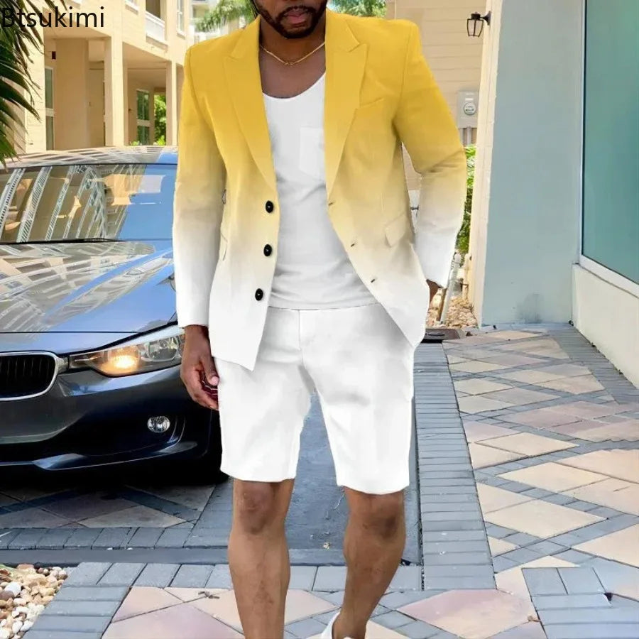 2026 Mens Clothing Summer Single-Breasted Outfits Men Business Office Short Pants Suit Fashion Casual Long Sleeve Two Piece Sets