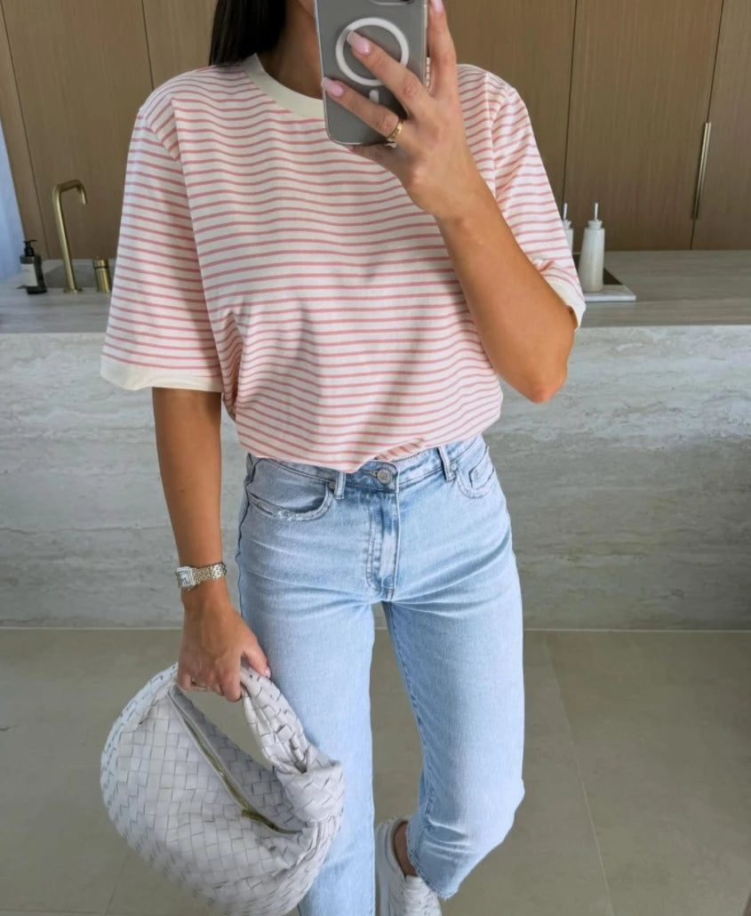 Women's Striped Short Sleeve T-Shirt Round Neck Casual Loose Fit Summer Top