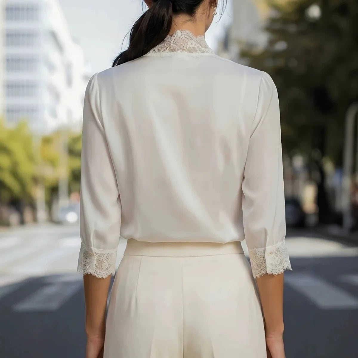 Women Lace Trim V Neck Blouse Three Quarter Sleeve Front Button Pleated Elegant Casual Commuter Shirt