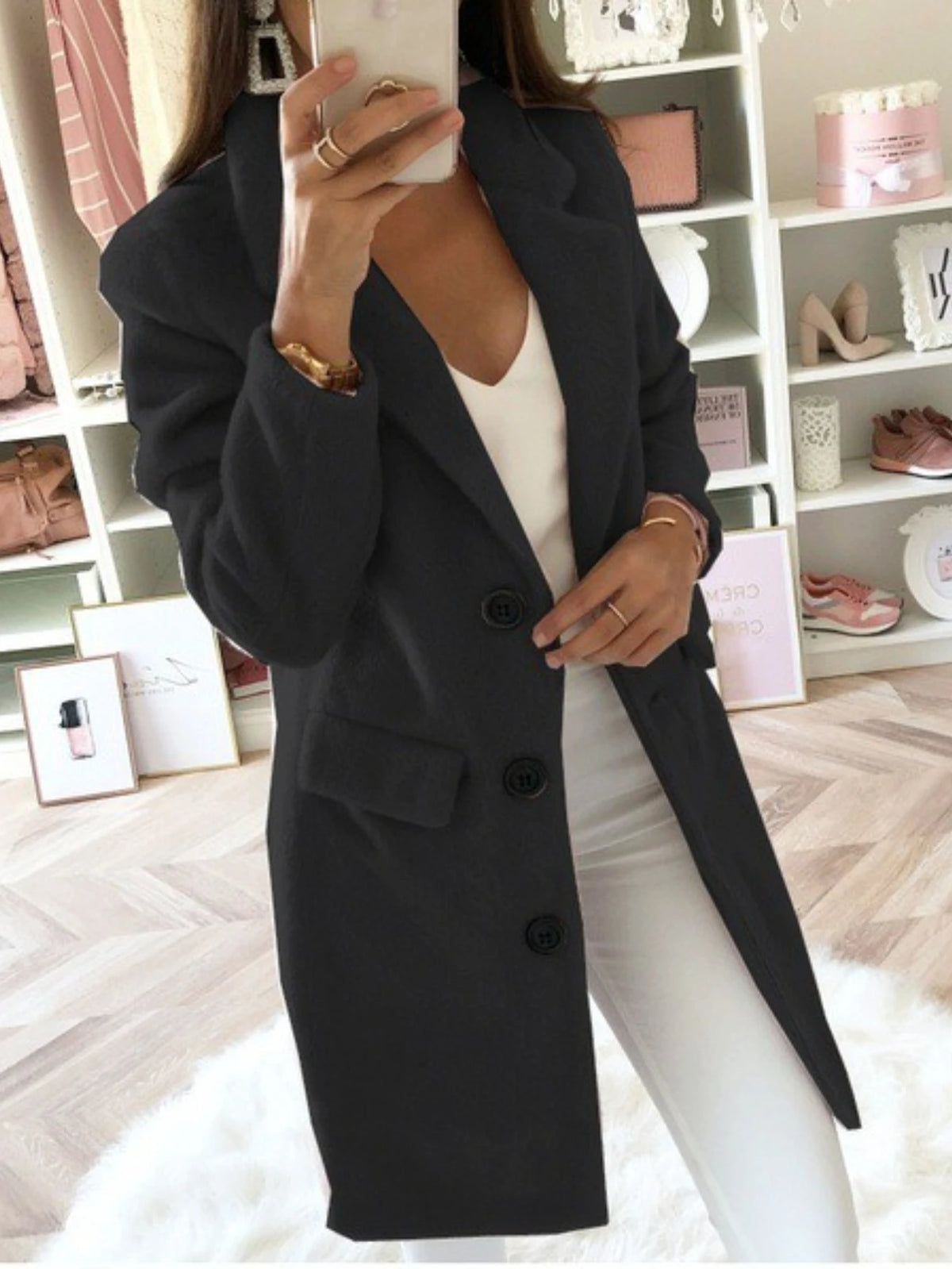 Women Notched Lapel Single Breasted Wool Blend Coat Long Sleeve Pocket Loose Mid Length Overcoat