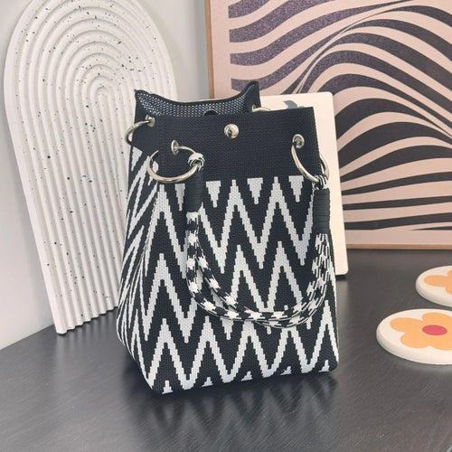 Mini Knitted Bucket Bag Women Small Handbag Geometric Colorblock