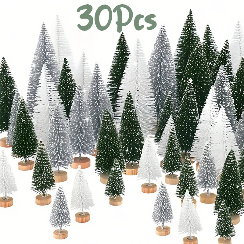 30Pcs Mini Christmas Trees Christmas Decorations Snow Frost Tree With Wooden Base For Table Decor Christmas Village (5 Sizes)
