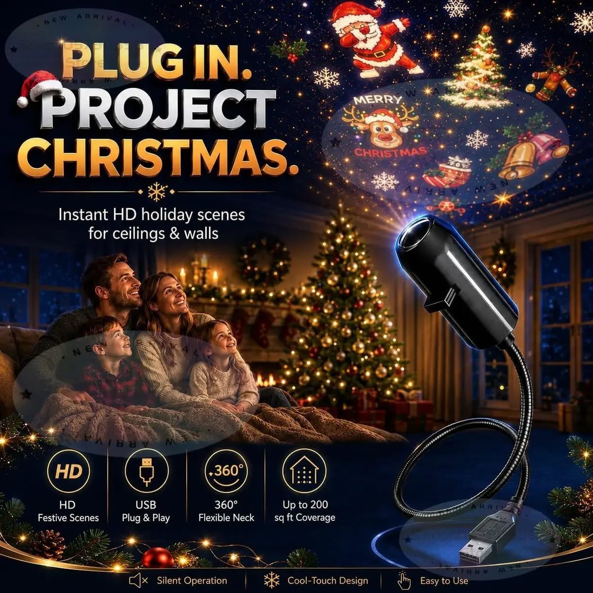 New Christmas Light Projector Easy To Connect USB Powered Christmas Night Light Includes 6 or More Festival Modes
