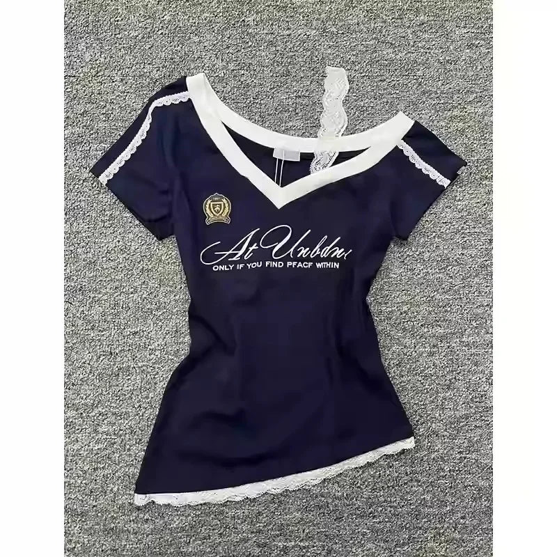 White-Gray Lace Sport Sexy Summer Off shoulder Top Women Y2k V neck Short sleeve T shirt Fashion Korean Lady Basic Tees 2025 New
