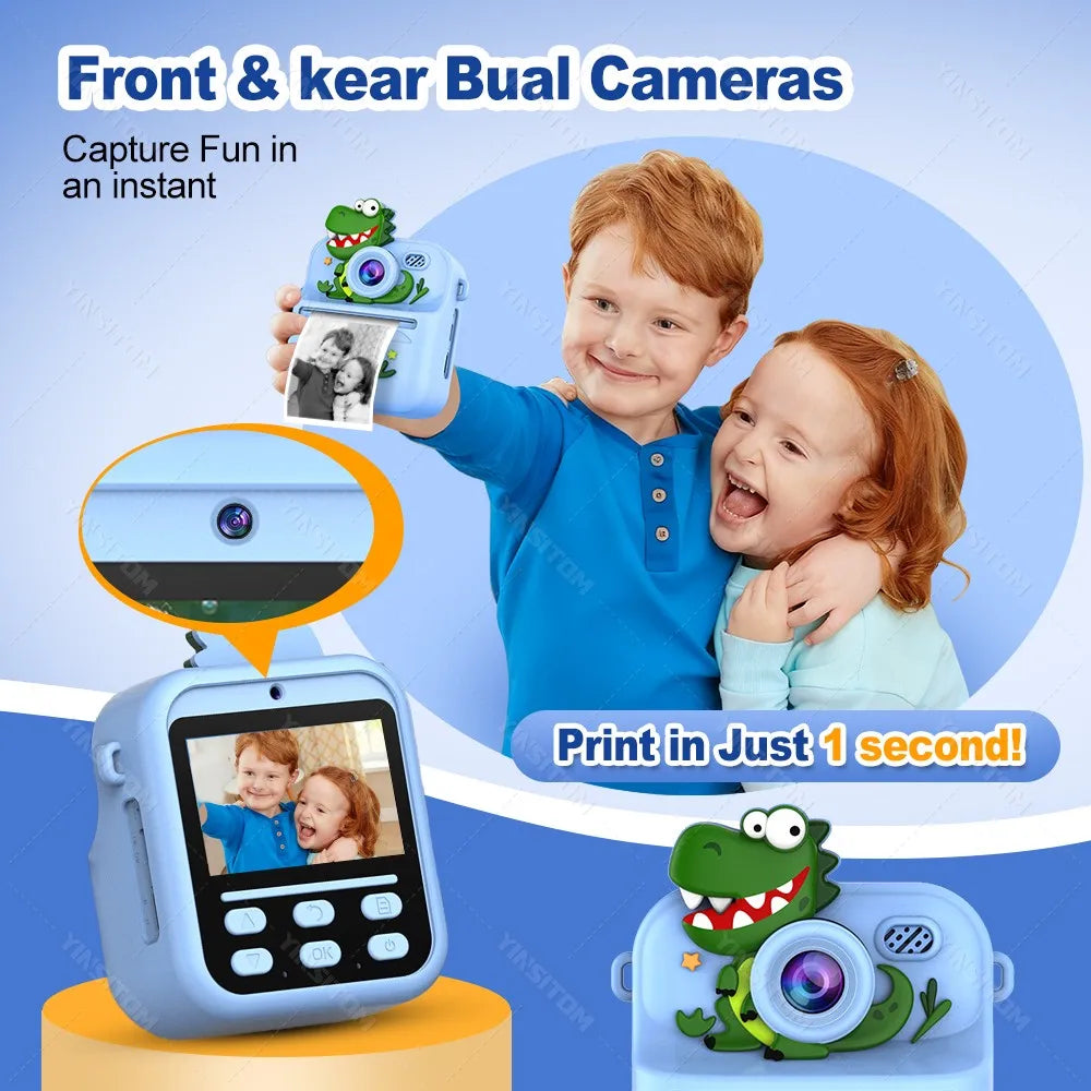 57mm Mini Thermal Printer Children Digital Photography Print Instant Camera 1080PHD Dual Lens Kids Video Recorder for Girls Boys