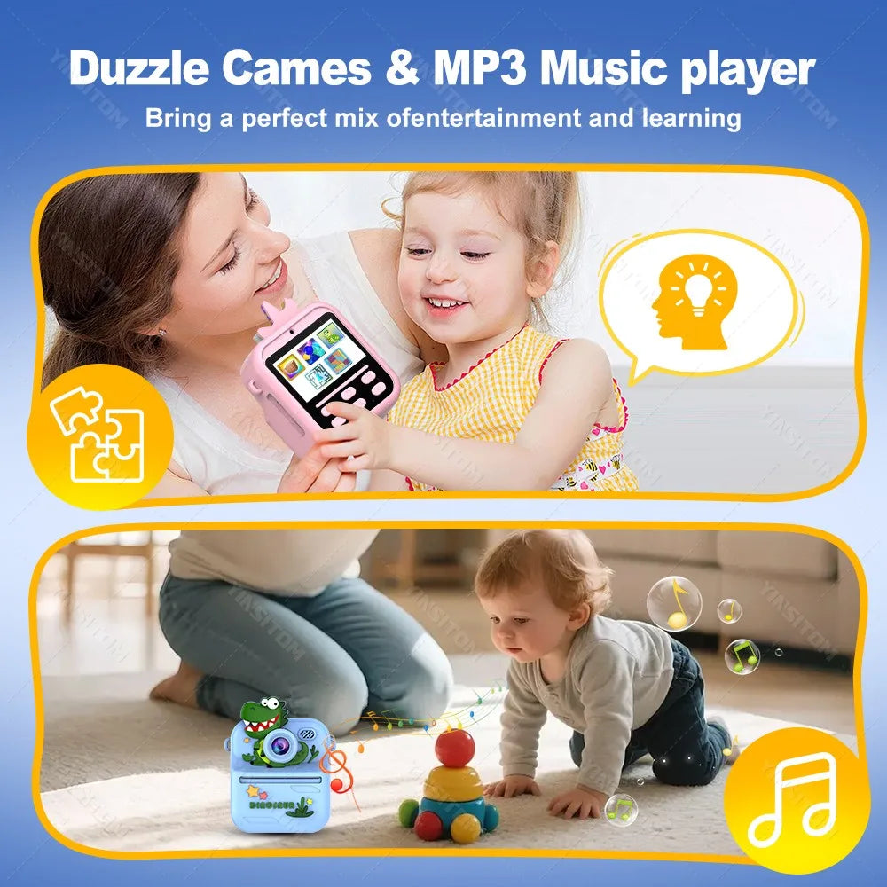 57mm Mini Thermal Printer Children Digital Photography Print Instant Camera 1080PHD Dual Lens Kids Video Recorder for Girls Boys