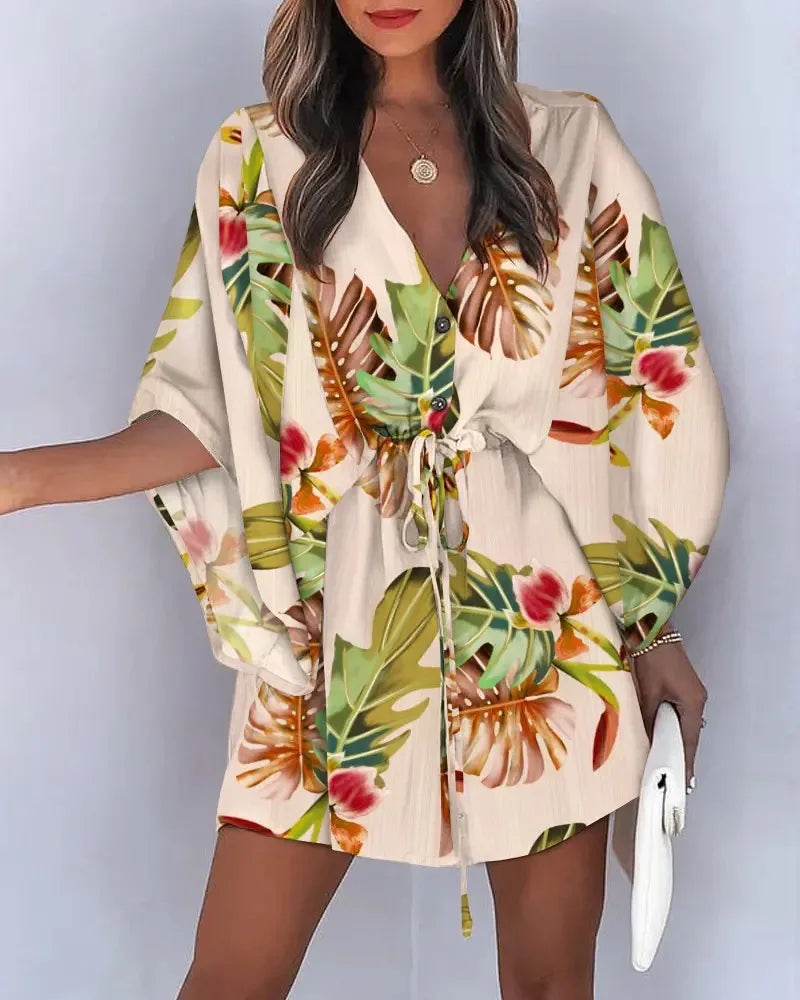 Floral Print Batwing Sleeve Dress with Ruffle Hem