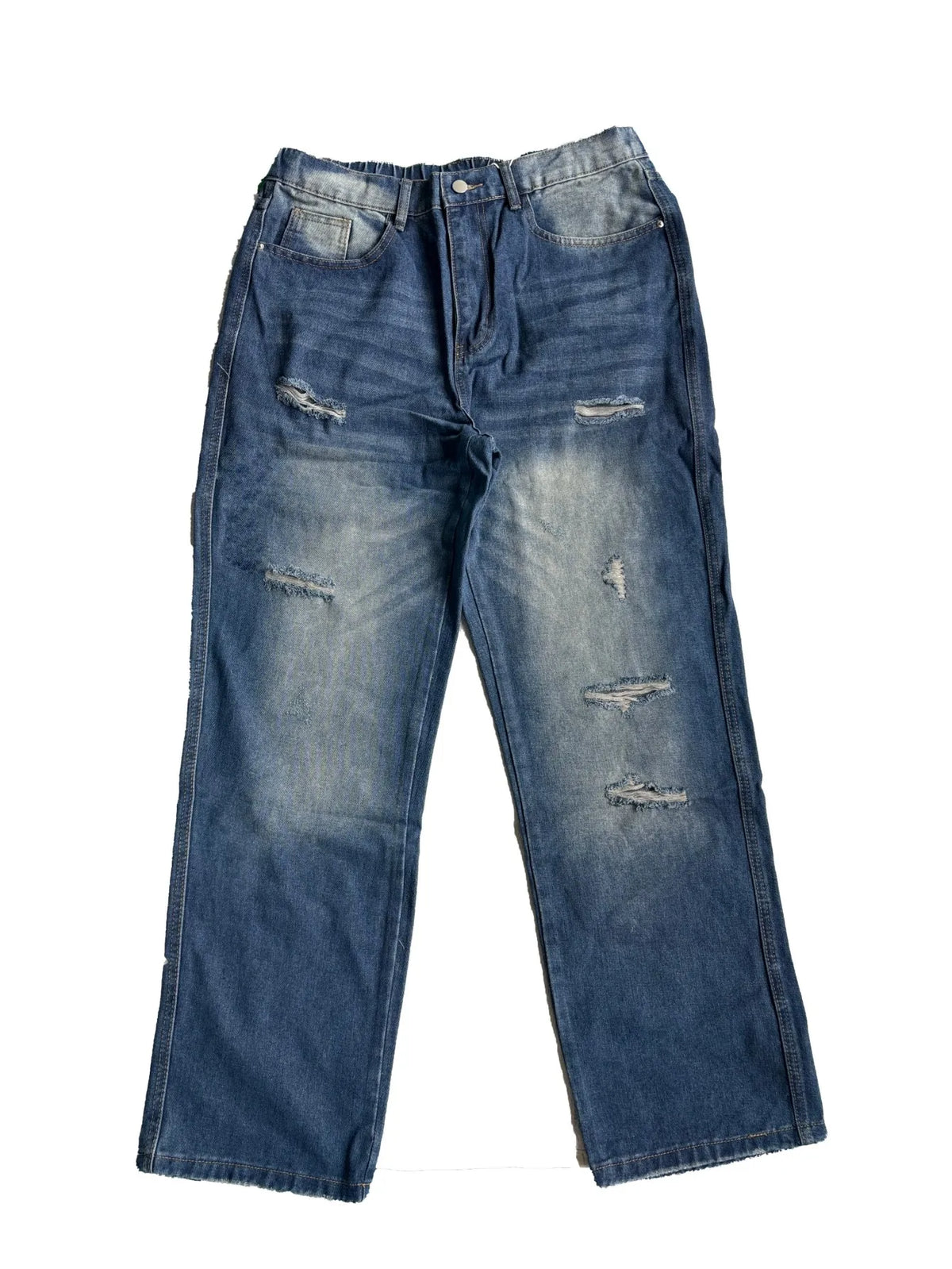 【HME】Men's jeans | Elastic Rear Waist Vintage Destroyed‑effect denim pants, retro cat‑whisker fade men denim trousers, multi‑position subtle frayed rip, roomy wide‑leg silhouette street men pants