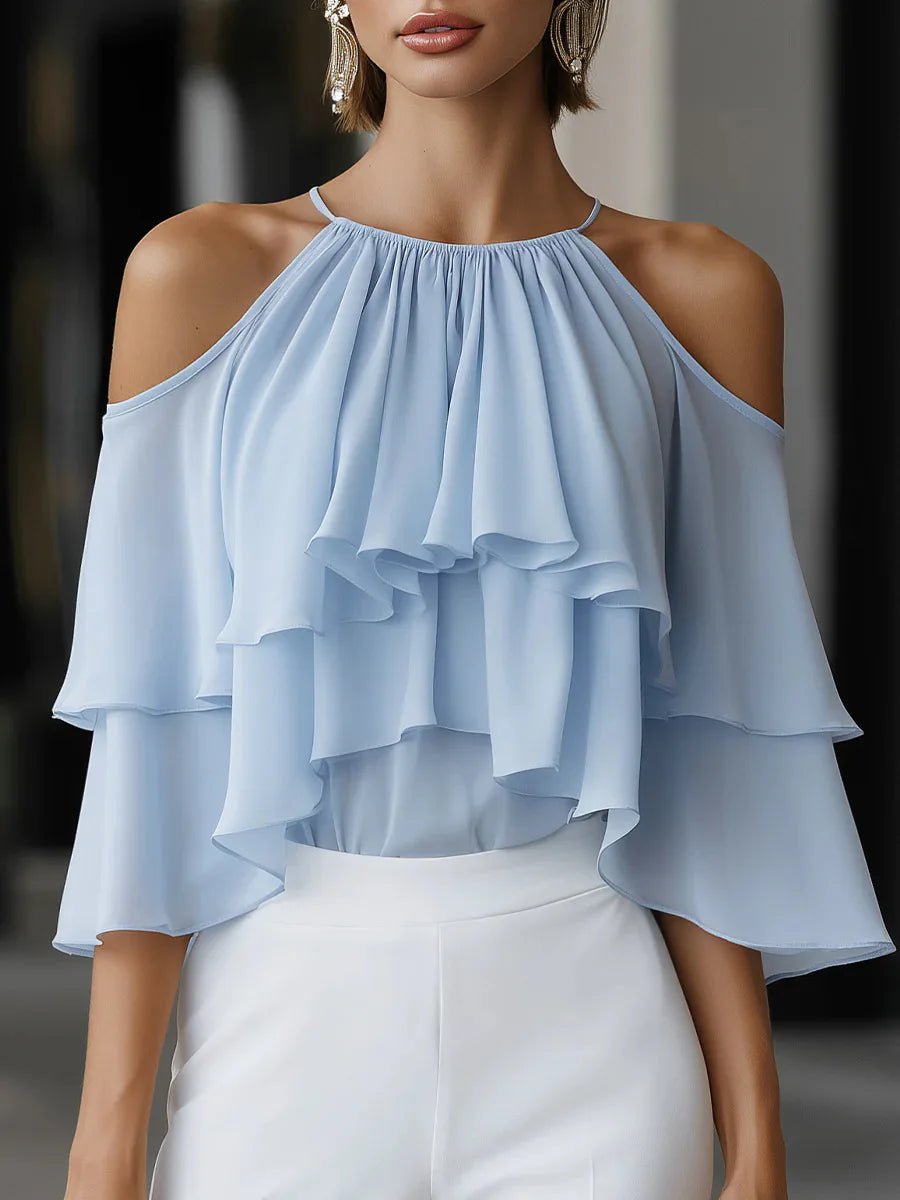 Women Cold Shoulder Halter Blouse Ruffle Layered Chiffon Tops Casual Party Shirts