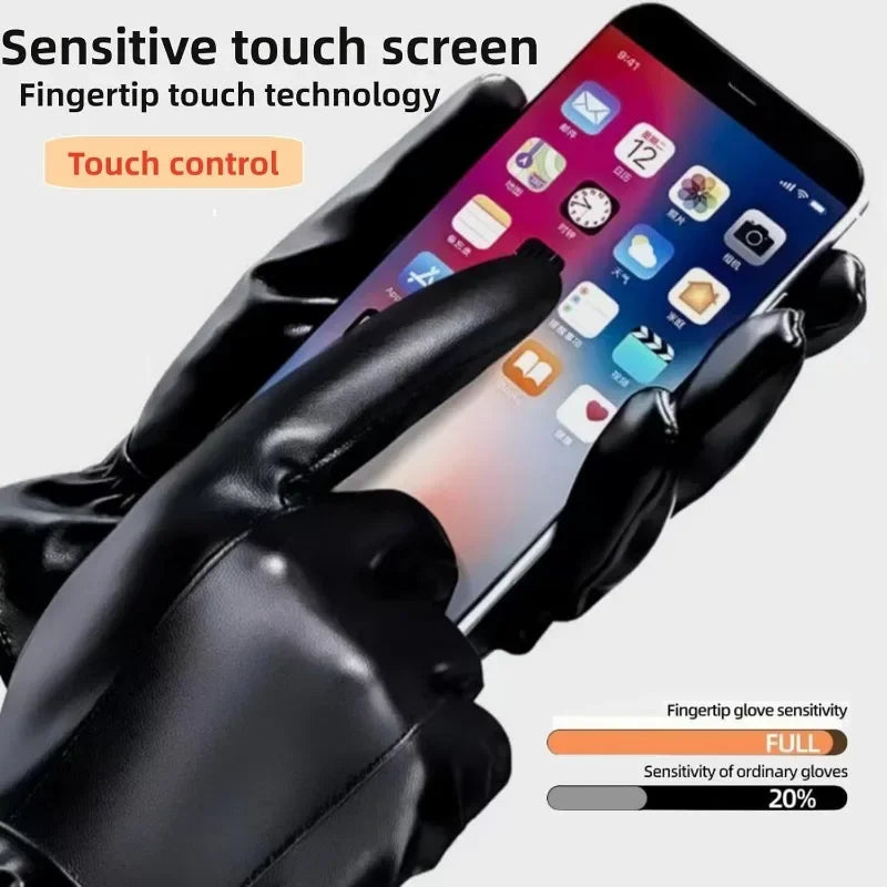 Winter Gloves for Men Genuine Leather Gloves Warm Plus Velvet Touch Screen Gloves Outdoor Cycling Driving Motorcycle PU Gloves