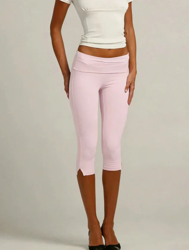 Individuality Low Rise Split Hem Length Skinny Pants Women Solid Fold Over Capri Leggings Casual Summer Streetwear Yoga Pants