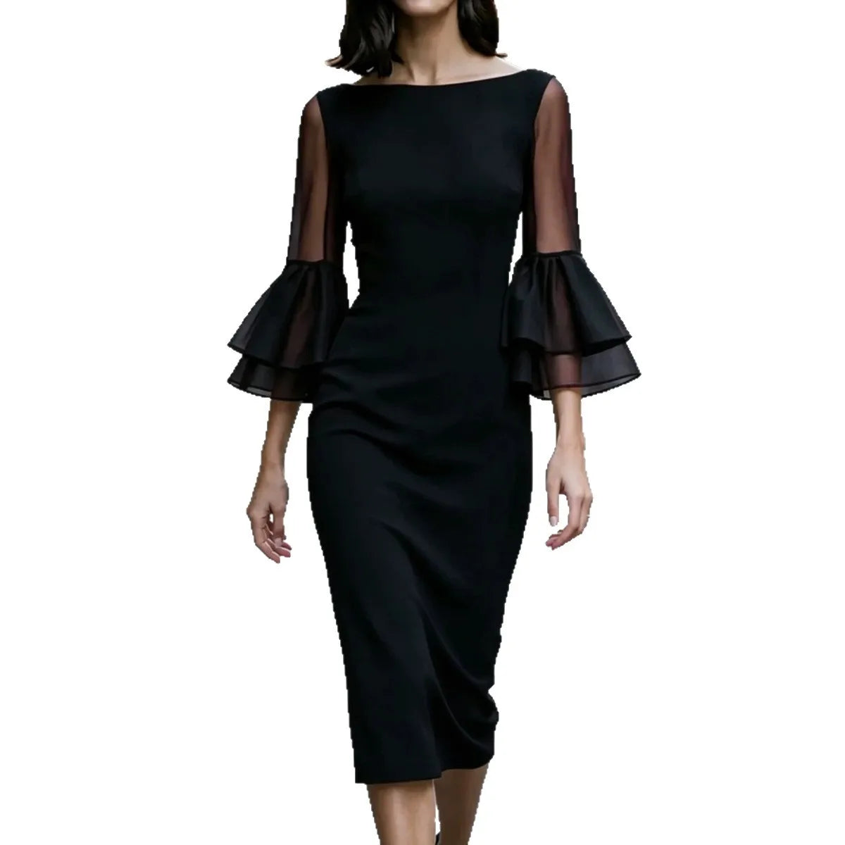 Boat Neck Sheer Mesh Double Layer Flare Three Quarter Sleeve Slim Midi Pencil Dress Women Elegant dress