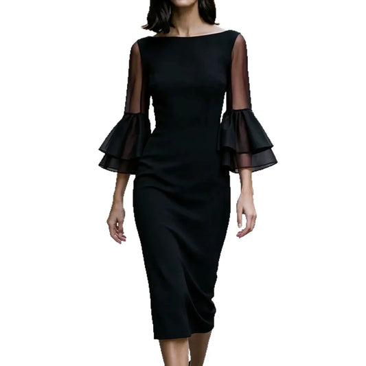 Boat Neck Sheer Mesh Double Layer Flare Three Quarter Sleeve Slim Midi Pencil Dress Women Elegant dress