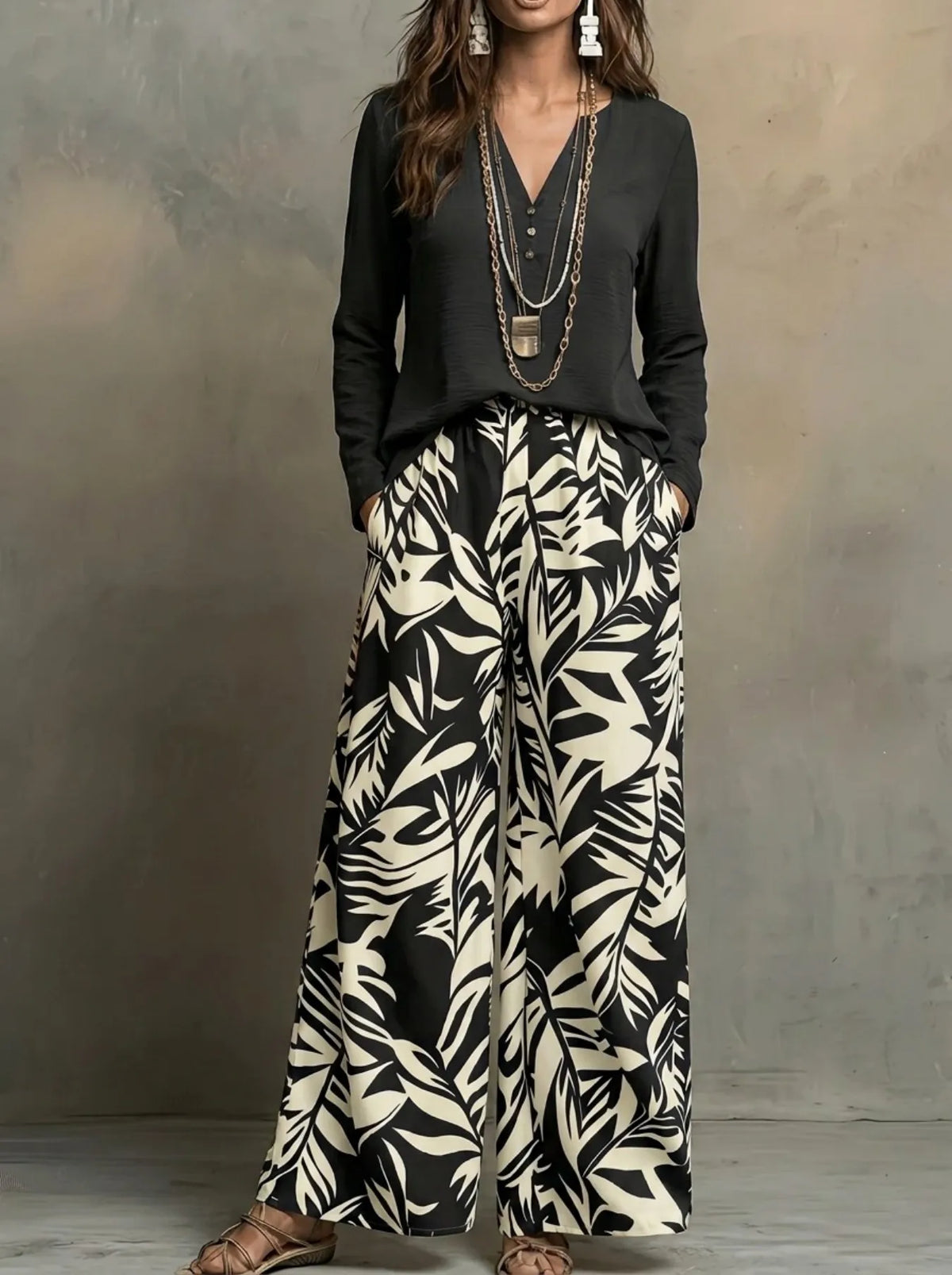 Women 2 Piece Outfit V‑Neck Long Sleeve Blouse Top Leaf Print Elastic Waist Wide Leg Pants Set Casual Loose Vacation Boho Loungewear Suit