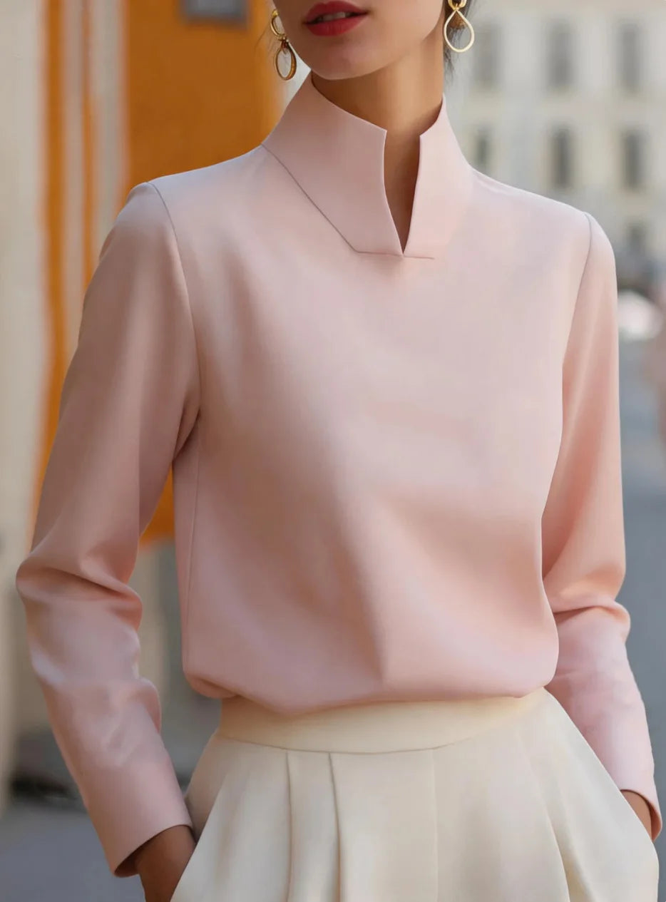 Women Split Stand Collar Long Sleeve Solid Blouse Loose Fit Elegant Formal Business Office Commuter Minimalist Top