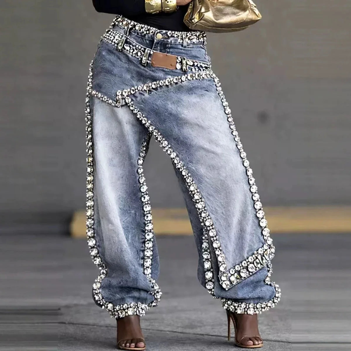 Women Wide Leg Pants Jeans Rhinestone Denims Distressed Washed Full Length Vintage Asymmetrical Trousers Y2k Streetwear 2026
