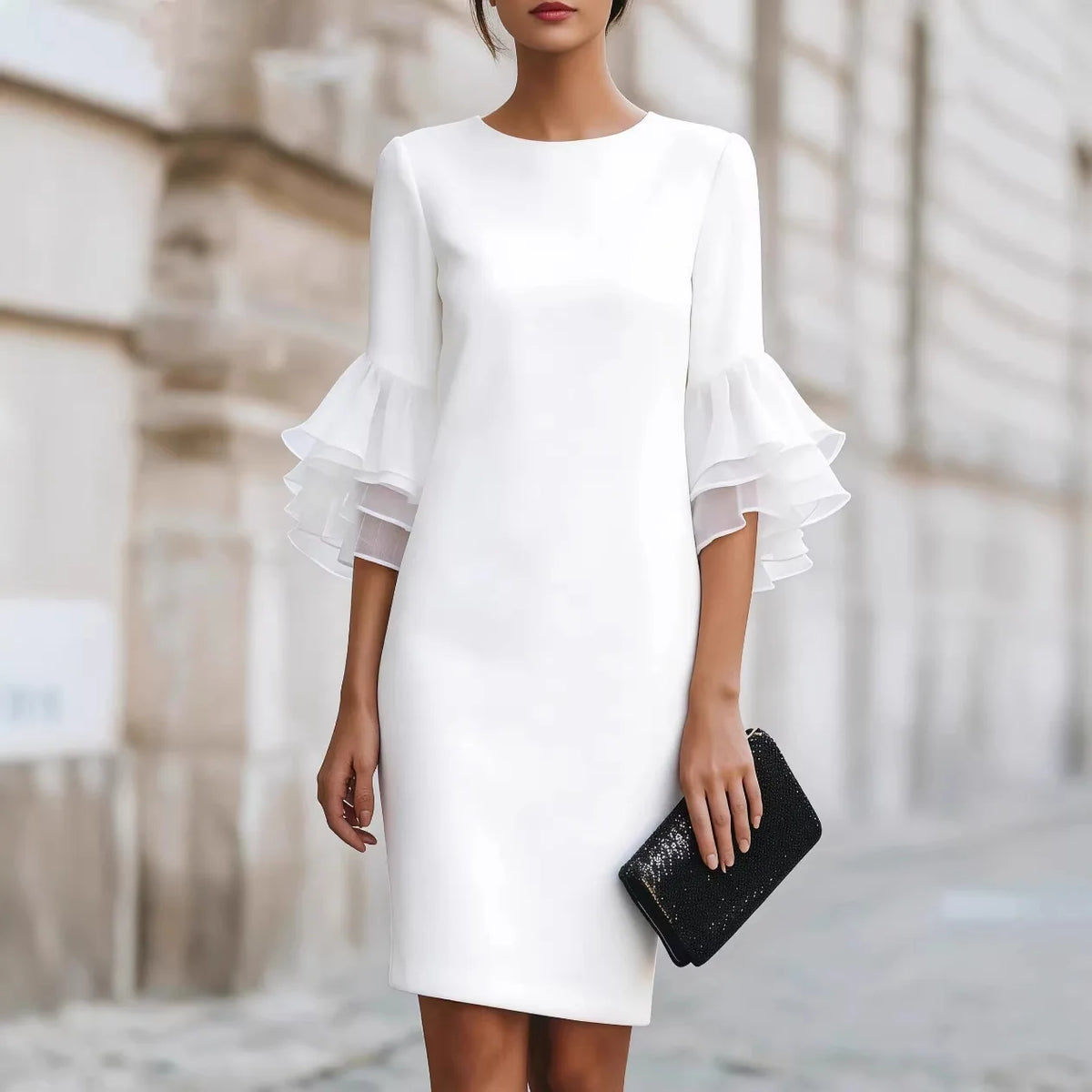 Elegant Ruffle Sleeve Midi Dress Women Slim Fit Bodycon Party Wedding Guest Formal Evening Gown