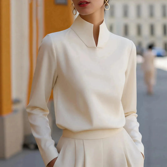 Women Split Stand Collar Long Sleeve Solid Blouse Loose Fit Elegant Formal Business Office Commuter Minimalist Top