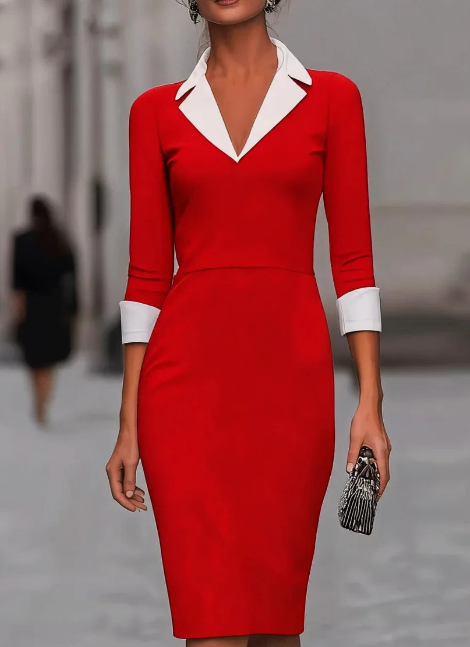 Women V Neck Three Quarter Sleeve Contrast Collar Bodycon Dress Elegant Office Lady Pencil Skirt for Work