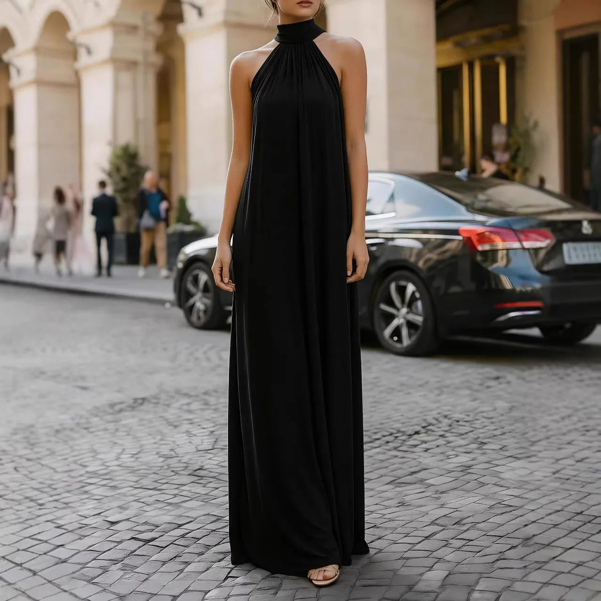 Chic Solid Color Halter Collar Floor Length Dress Female Formal Occasion Office Lady New