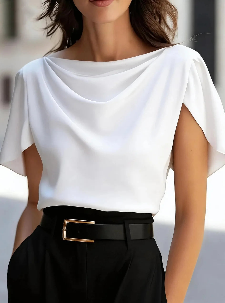 Elegant Short Sleeve Satin Top Women Casual Office Lady  Breathable Fabric Spring Summer New Arrival
