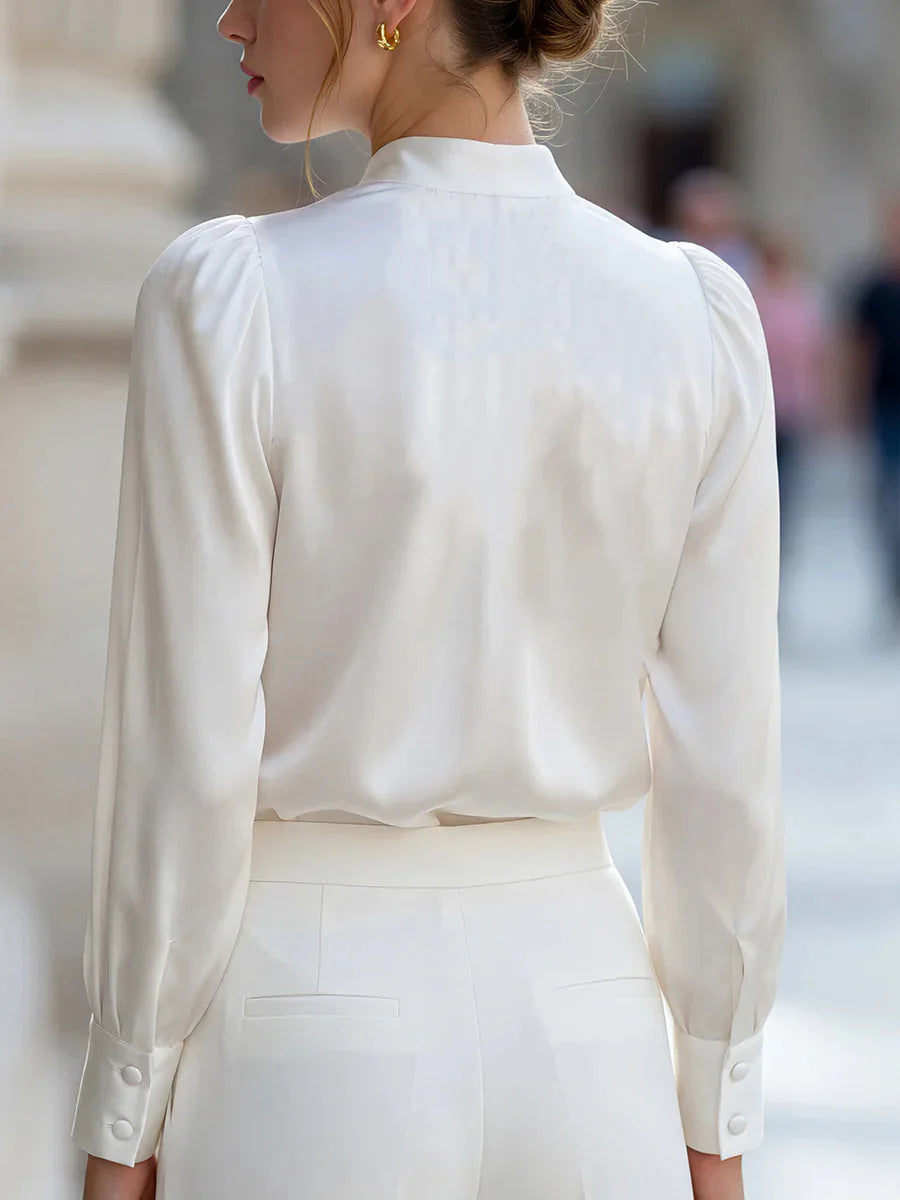Women Stand Collar Long Sleeve Satin Blouse with Puff Sleeve Elegant Office Lady Top for Work Evening