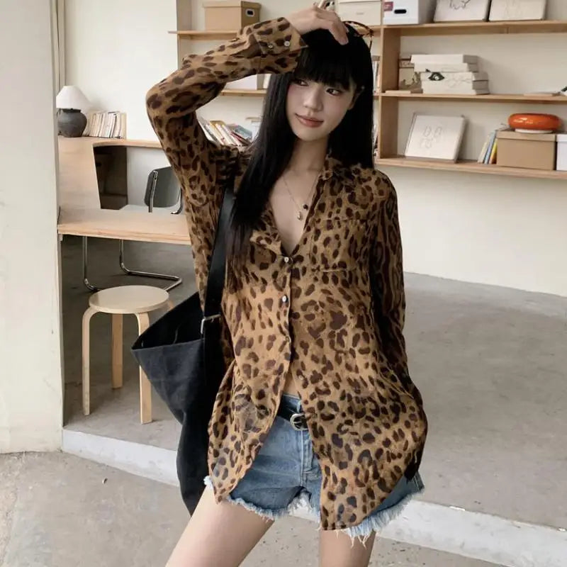 Seeslim Hotsweet Leopard Chiffon Shirt Women Button Up Single Breasted Long Sleeve Autumn Tops 2000s Y2k Shirts And Blouses Chic