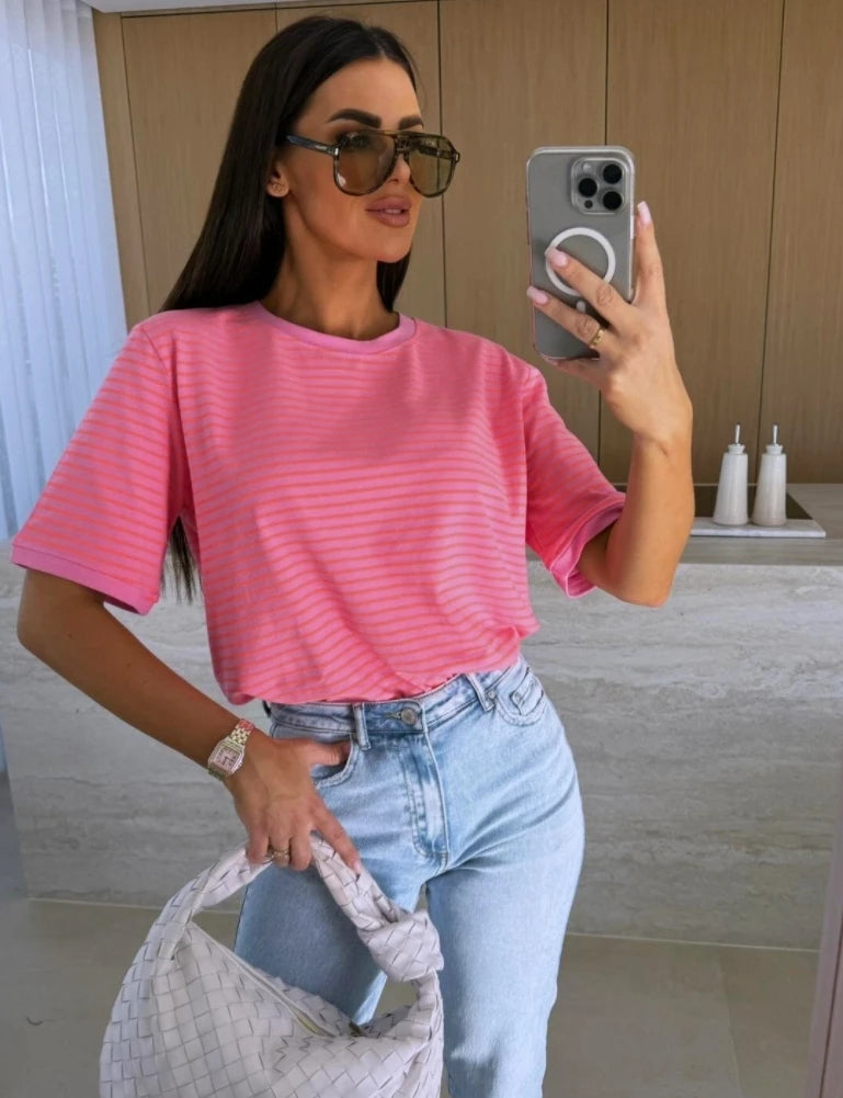 Women's Striped Short Sleeve T-Shirt Round Neck Casual Loose Fit Summer Top