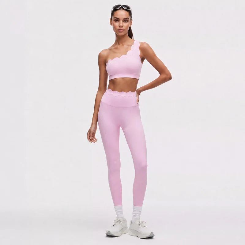 Women One Shoulder Lace Yoga Set High Waist Leggings Sports Bra 2 Piece Fitness Outfit Gym Workout Activewear