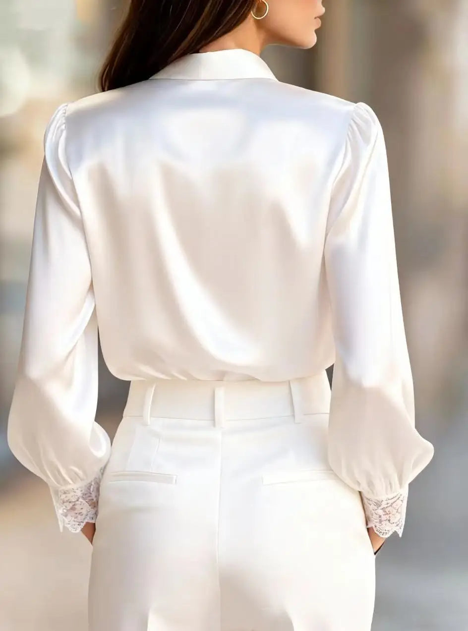 Elegant White Lace-Trimmed Satin Blouse - Sophisticated Women's Fashion Top