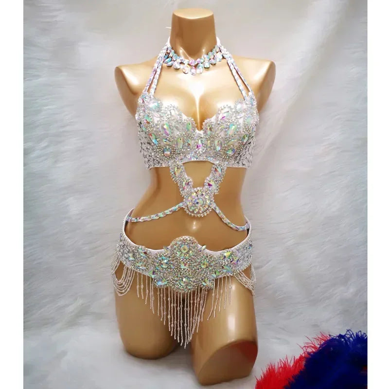 Beaded Crystal Belly Dance Costume, 3 Piece Set