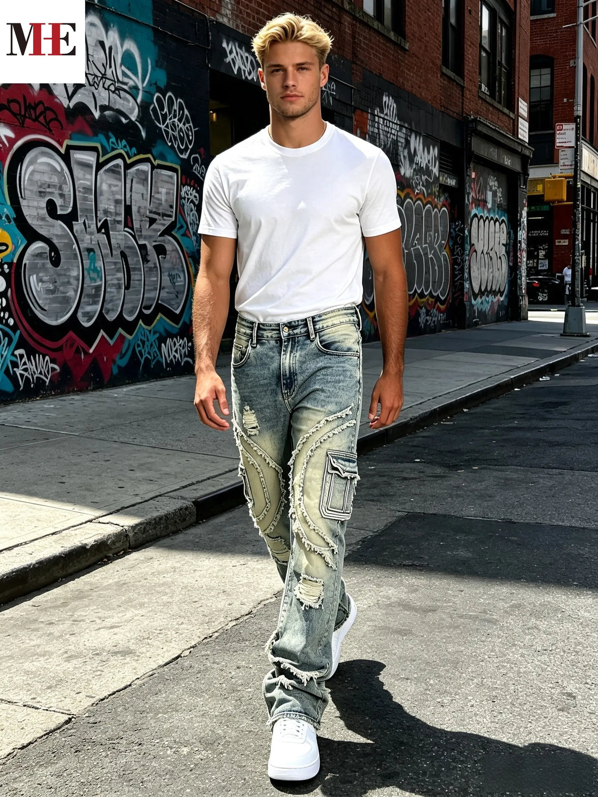 HME Men's Vintage Denim Pants, Stacked Ripped Flared Jeans with Layered Frayed Stitching