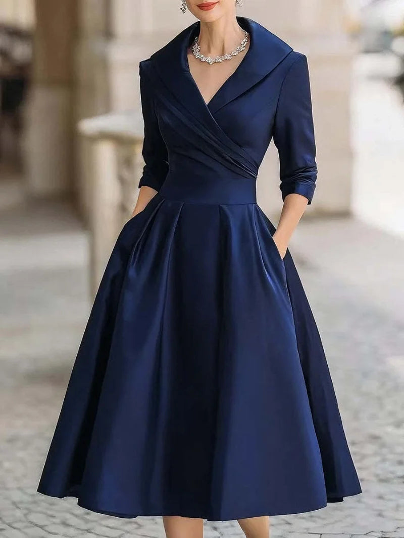 Shawl Lapel Cross V Neck Midi Dress 3 4 Sleeve High Waist A Line Pocket Dress Formal Wedding Guest Outfit