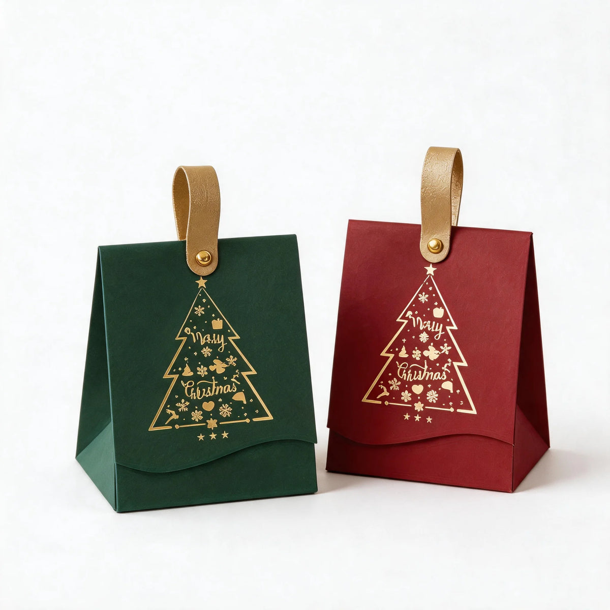12PCS Christmas Gift Boxes with Leather Handles 'Christmas Tree' Pattern, Christmas Gift Wrapping, Christmas Party Gift Boxes
