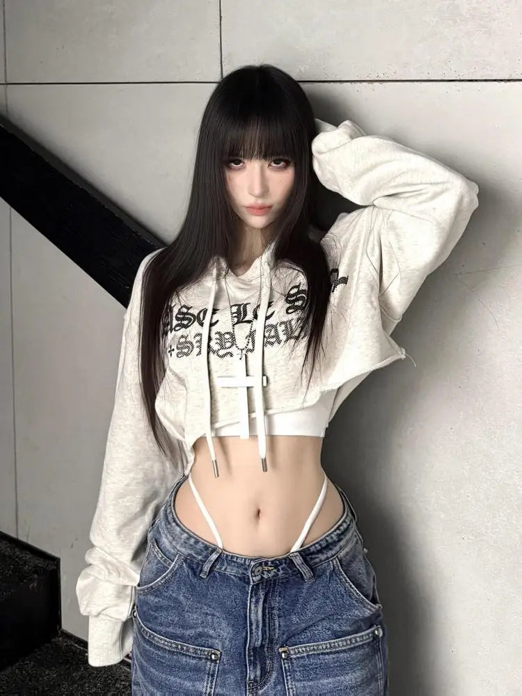 Seeslim Streetwear Graphic T Shirts Women Hooded Print Autumn Tops Korean Fashion 2000s Clothes Y2k Tees Female Clothing T-shirt